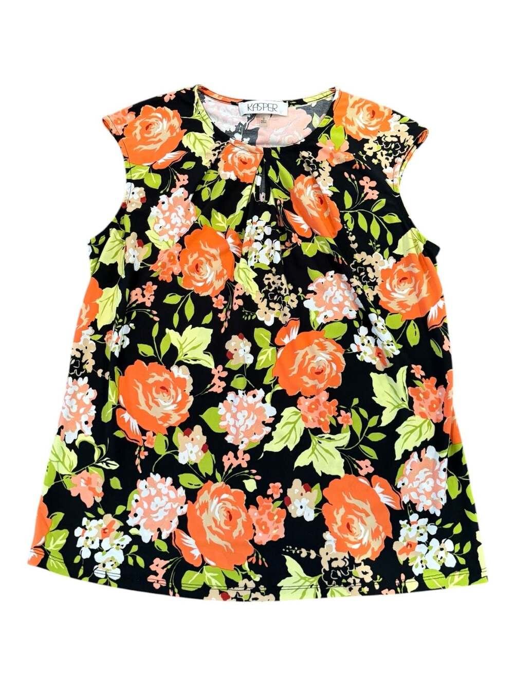 Kasper Floral Sleeveless Pleated Neck Blouse Top Size S